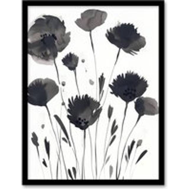 Abstract Flowers Black White Floral Watercolour Framed Wall Art - Grey - A4