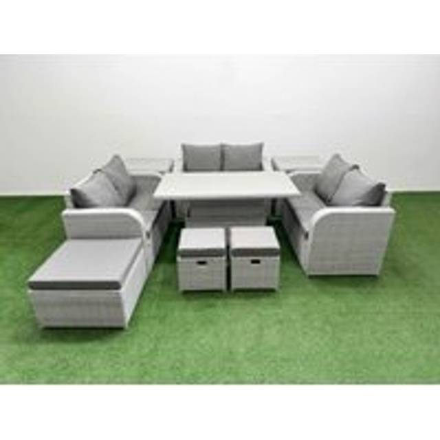 9-Seater Rattan Garden Lounge Set With Lifting Table & Stools | Wowcher - Grey