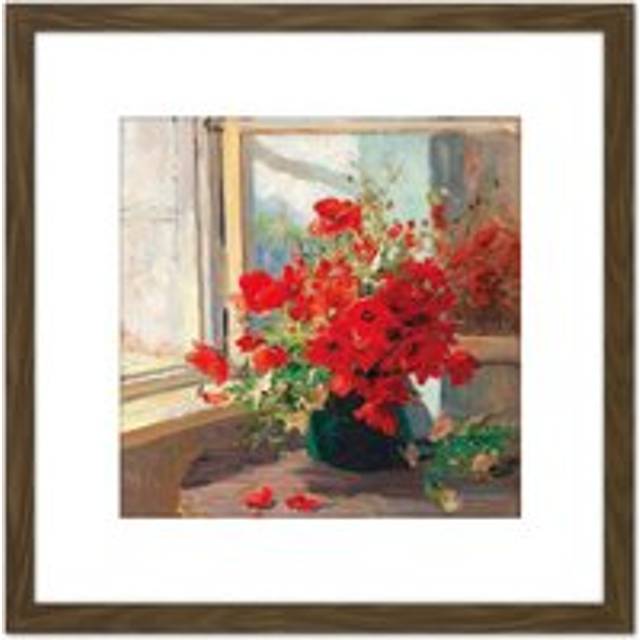 Florian Bouquet Poppies Window Flowers Painting 8X8 Inch Square Wooden Framed Wall Art Print Picture with Mount - Brown - One Size