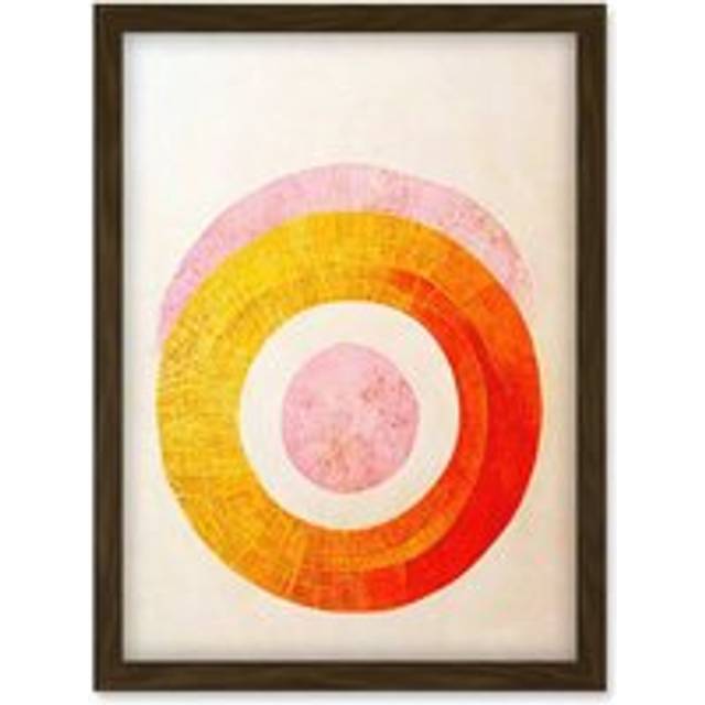 Boho Abstract Line Painting Pastel Patterned Autumn Circles Of Pink, Yellow And Orange Artwork Framed Wall Art Print A4 - Brown - One Size