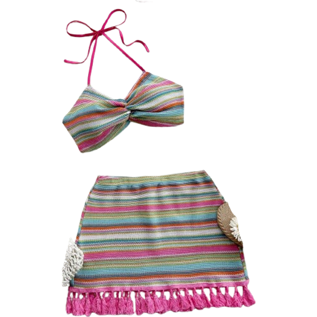 Soleia Women&#39;s Colored Halter Neck Short Backless Top And Fringed Mini Skirt Set, Summer Vacation Beach Clothes