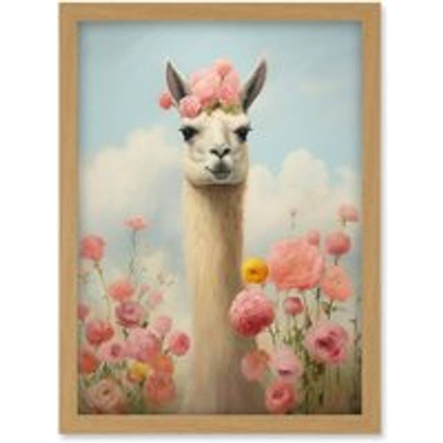 Wall Art Print Llama and Peonies Pink Elegant Artwork Kids Bedroom Floral Portrait with Roses Artwork Framed A4 - Tan - A4