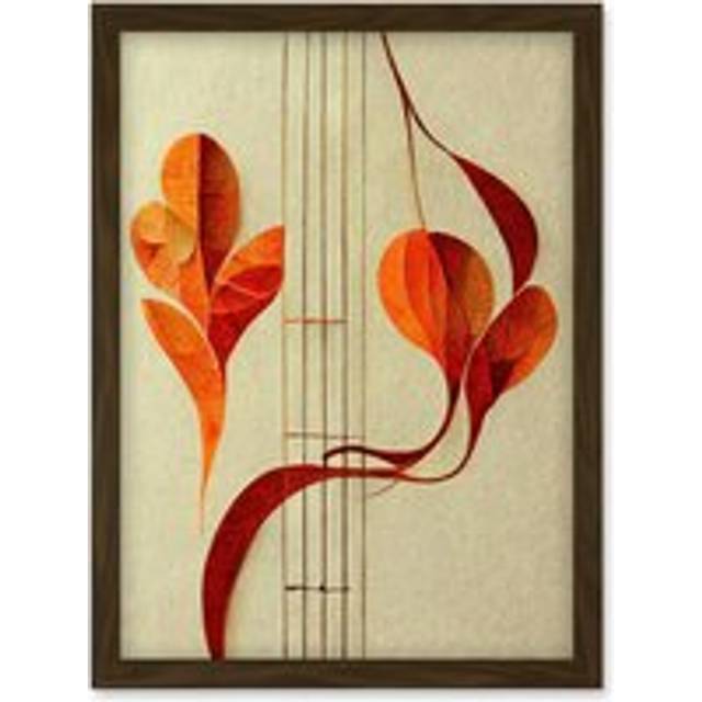 Modern Abstract Orange Autumn Leaf and Musical Notes Music Staff Lines Artwork Framed Wall Art Print A4 - Brown - One Size