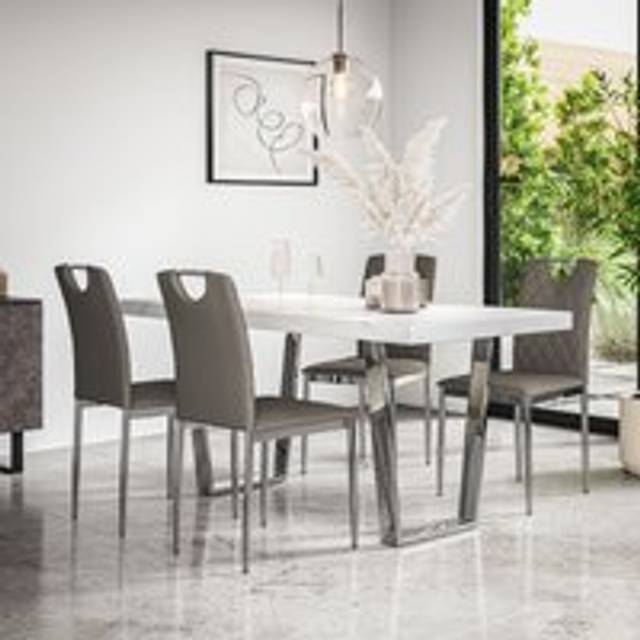 (Grey) Aria Dining Table Set Marble Effect w Chrome Legs w 4-6 Monza Faux Leather Chair