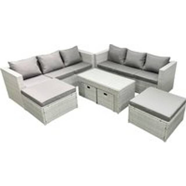 Fimous Rattan Garden Furniture Set Outdoor Lounger Sofa with Coffee Table 4 Footstools Light Grey Mixed 10 Seater