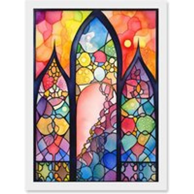 Stained Glass Window Folk Art Abstract Artwork Framed Wall Art Print A4 - White - One Size