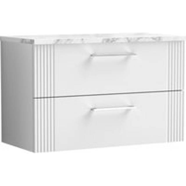 Retro 2 Drawer Wall Hung Vanity Unit with Carrera Marble Laminate Worktop - 800mm - Satin White - Balterley