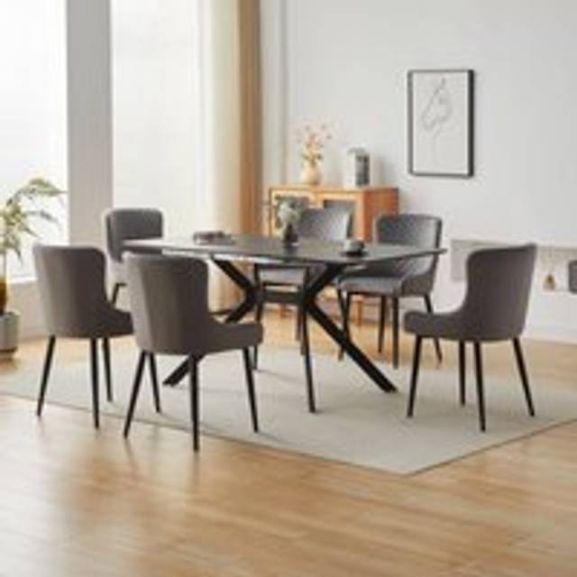 7 Piece Industrial Style Dining Set Extending Table and 6 Chairs Marble Effect - Black - 7 Pack