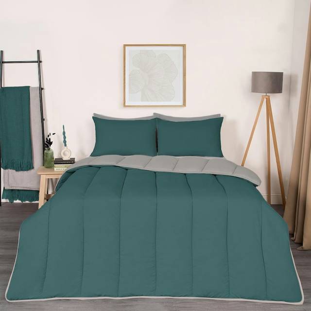 OHS Coverless 10.5 Tog Reversible Duvet & Pillowcase, Teal/Grey - Single - Green