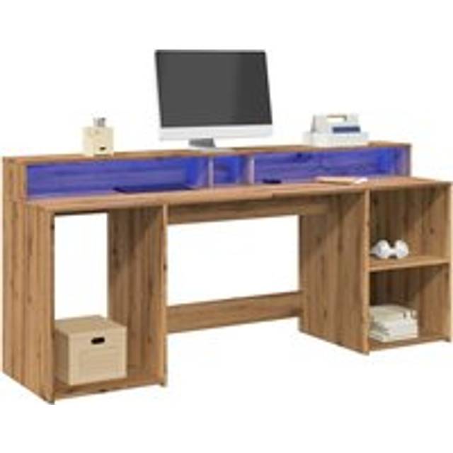 Desk with LED Lights Artisian Oak 200x55x91 cm Engineered Wood - Brown - One Size