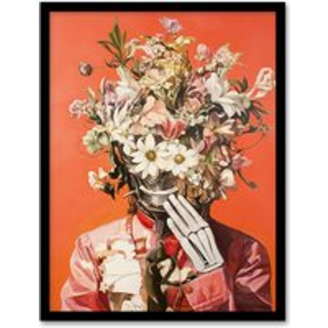 Shy Cyborg Robot Flower Bouquet Hat Pink Suit Framed Art Print - Orange - W12 inch x H16 inch