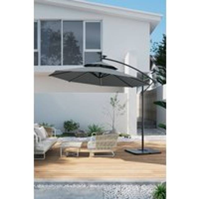Double-Top Garden Umbrella Parasol with Solar Lights & HDPE Base - Dark Grey - One Size