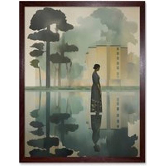 Wall Art Print Reflecting and Reflection of Calm Artwork Modern Simple Calming Soft Painting Flat Lake Trees Art Framed - Brown - W12 inch x H16 inch