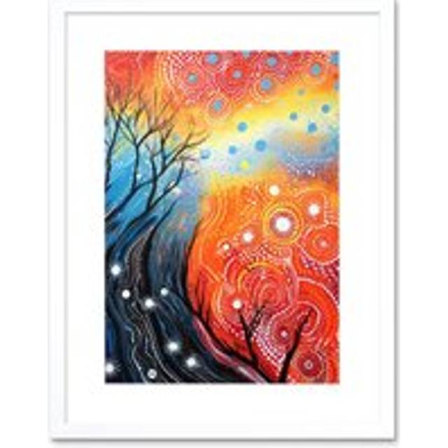 Wall Art Print Contemporary Aboriginal Artwork in Blue and Orange Vibrant Abstract Forest Trees and Stars Artwork Framed 9X7 Inch - White - W7 inch x - W7 inch x H9 inch