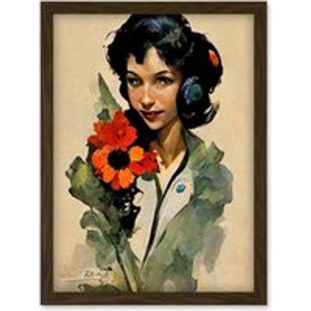 Woman With Bouquet Watercolour Flowers Floral Artwork Framed Wall Art Print A4 - Brown - One Size