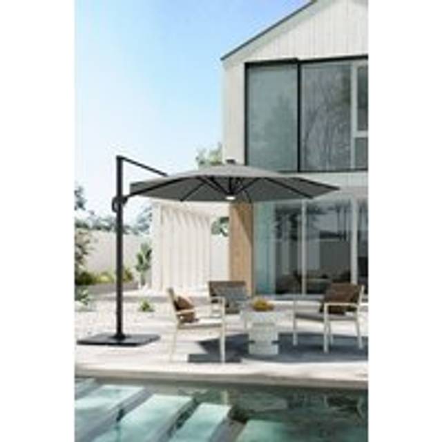 Outdoor Round Garden Cantilever Parasol with Solar Lights & HDPE Base - Dark Grey - One Size
