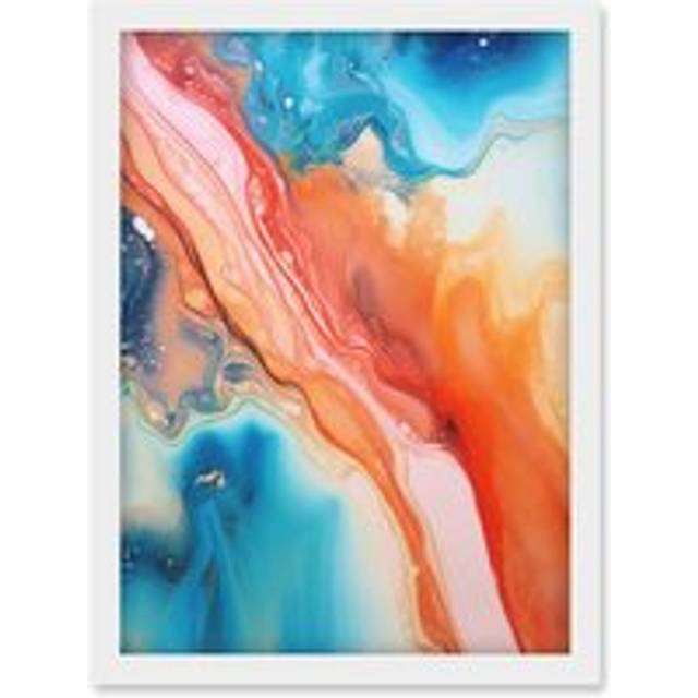 Wall Art Print Abstract Blue and Orange Fluid Flow Painting Water Meets Oil Artwork Framed A4 - White - A4