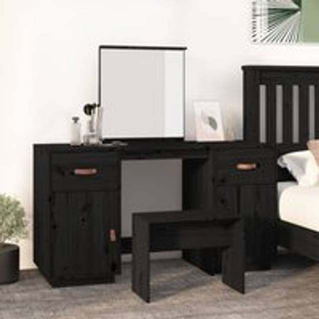 Dressing Table,Makeup Table Set with a Mirror Black Solid Wood Pine VSVS278504