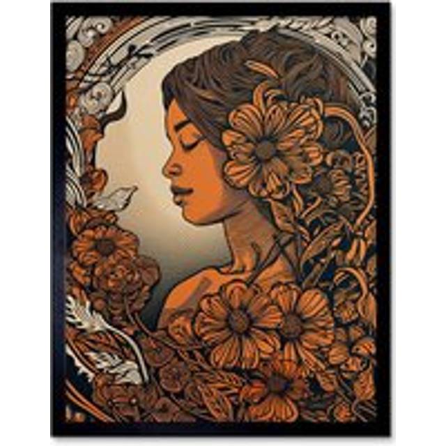 Wall Art Print I am Woman Modern Floral Linocut Art Framed - Black - W12 inch x H16 inch