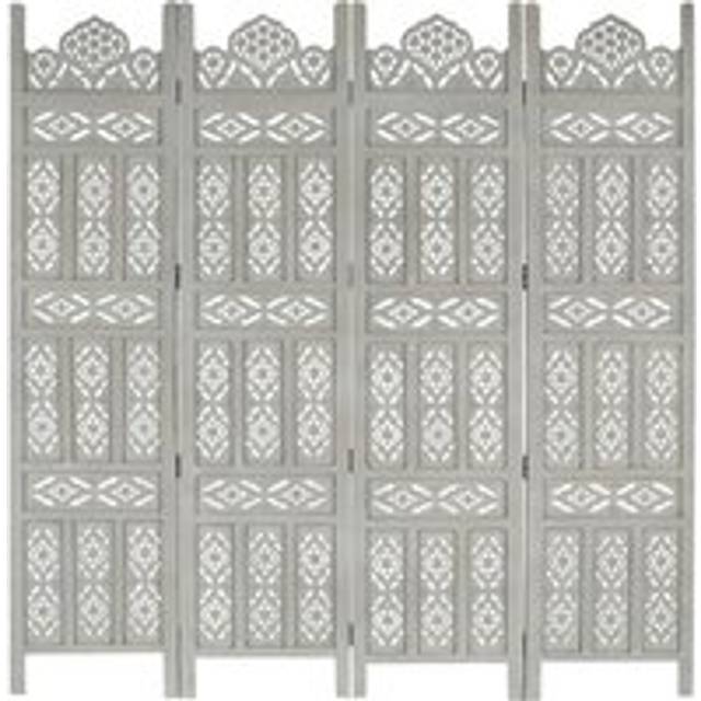 Hand carved 4-Panel Room Divider Grey 160x165 cm Solid Mango Wood - One Size