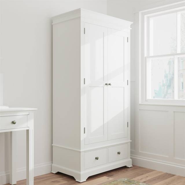 2 door wardrobe 2 storage drawers hanging clothes rail white solid oak veneer
