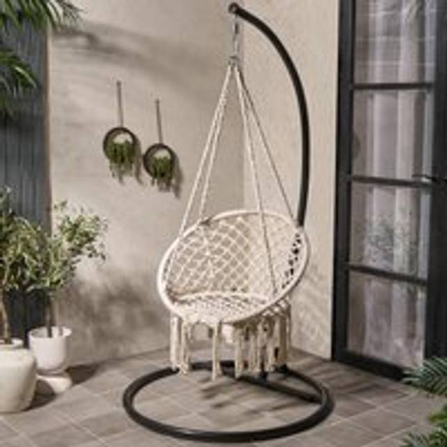 Macrame Hanging Chair Outdoor Swing Garden Hammock Rope Tassels - Cream - One Size