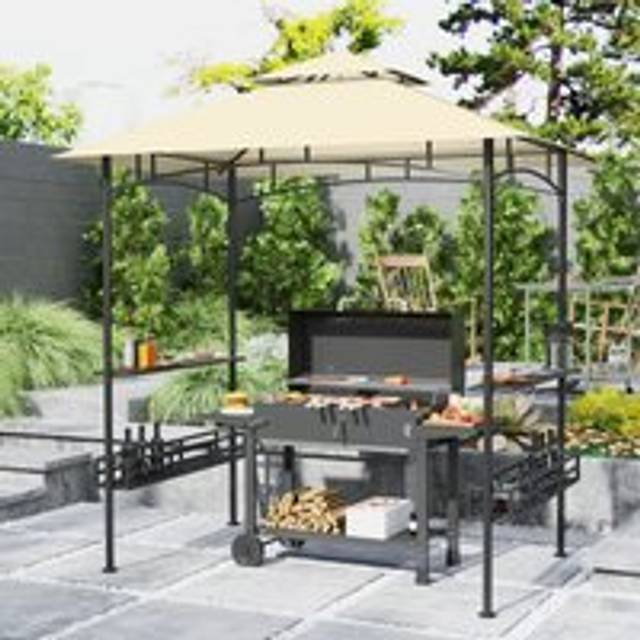 Outsunny Grill Gazebo Canopy with 2 Side Shelves Hook Beige 8' x 5'