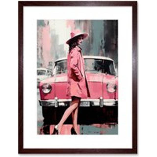 Wall Art Print Woman and Classic Car Retro Pink Aesthetic Artwork Framed 9X7 Inch - Brown - W7 inch x H9 inch