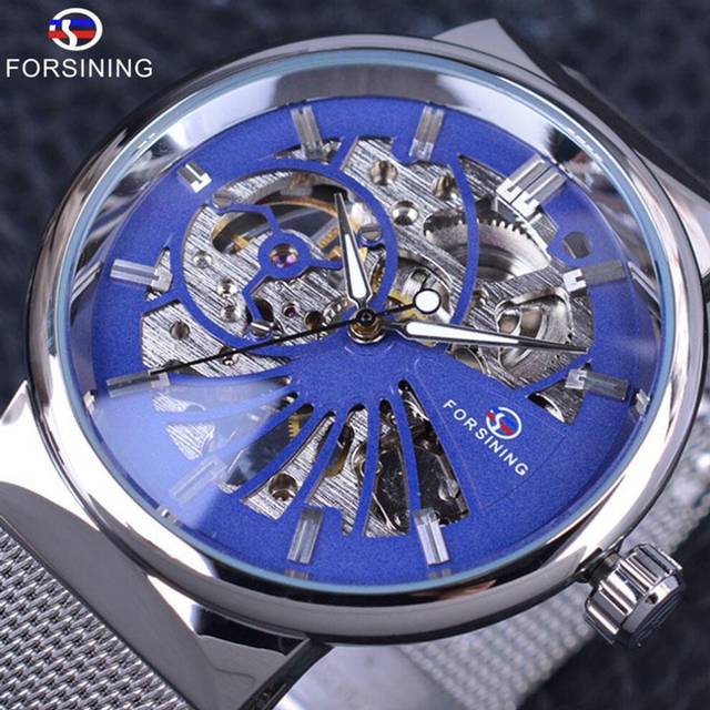 (blue) Forsining Men's Watch Full Stainless Steel Transparent Automatic Mechanical Watch Skeleton Steampunk Clock Men Relogio - Blue
