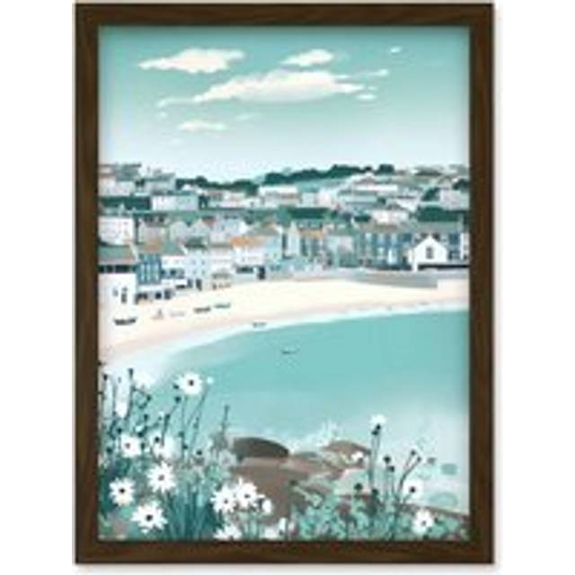 St Ives Bay Daisies Soft Pastel Coastal Cityscape Artwork Framed Wall Art Print A4 - Brown - One Size