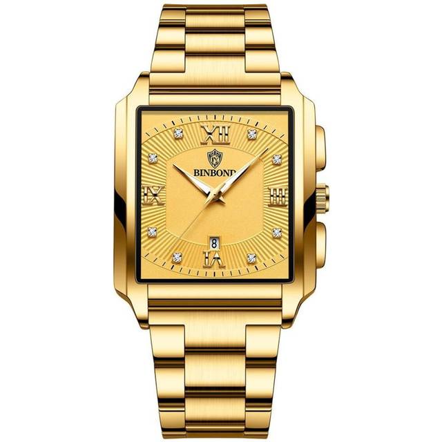 (gold) New Rectangular Men&apos;s Stainless Steel Strap Simple Fashion Sports Diamond Calendar Quartz Watch Gold Waterproof Wristwatch