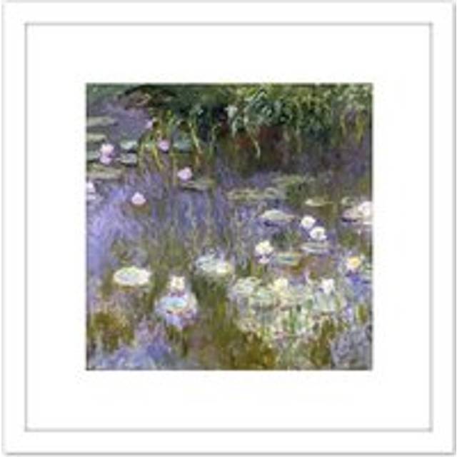 Claude Monet Water Lilies Painting 8X8 Inch Square Wooden Framed Wall Art Print Picture with Mount - White - One Size