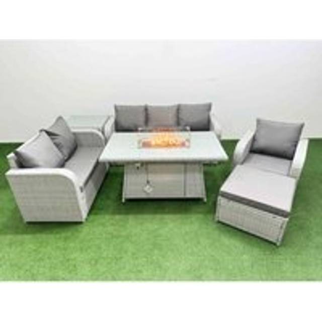 Loveseat Sofa With Reclining Chair, 3 Seater Sofa, Firepit Dining Table, 3 Stools & Side Table | Wowcher - Grey