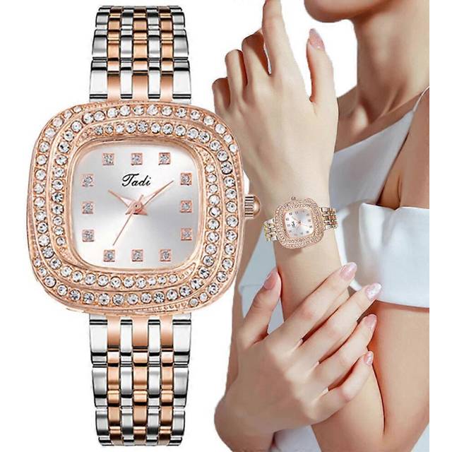 (White) Ladies&#39; Starry Sky Square Diamond Set Quartz Watch Fashion Stainless Steel Student Watch