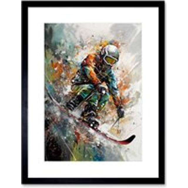 Wall Art Print Skier Skiing Winter Sport Paint Splat Painting Artwork Framed 9X7 Inch - Black - W7 inch x H9 inch