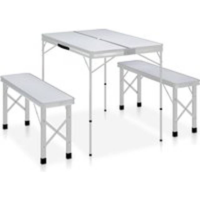 Folding Camping Table with 2 Benches Aluminium White - One Size