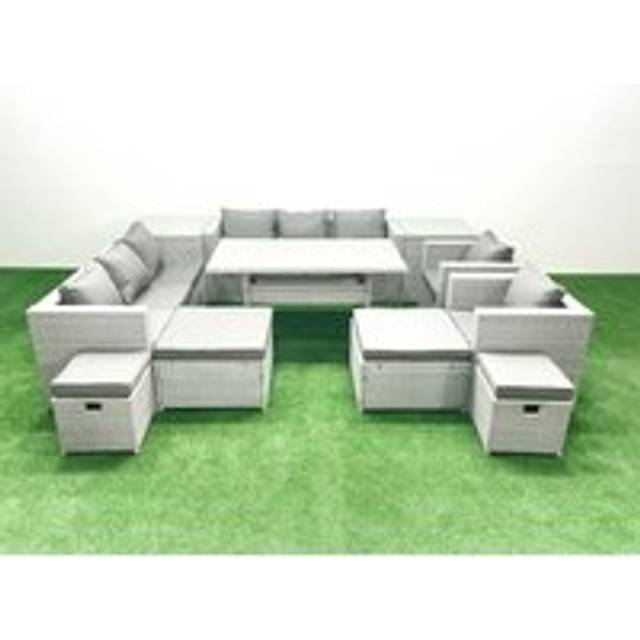 Fimous Rattan Garden Furniture Dining Set 12 Seater Lounge Sofa Chair Dining Table Set with 4 Footstools 2 Side Tables Light Grey Mixed