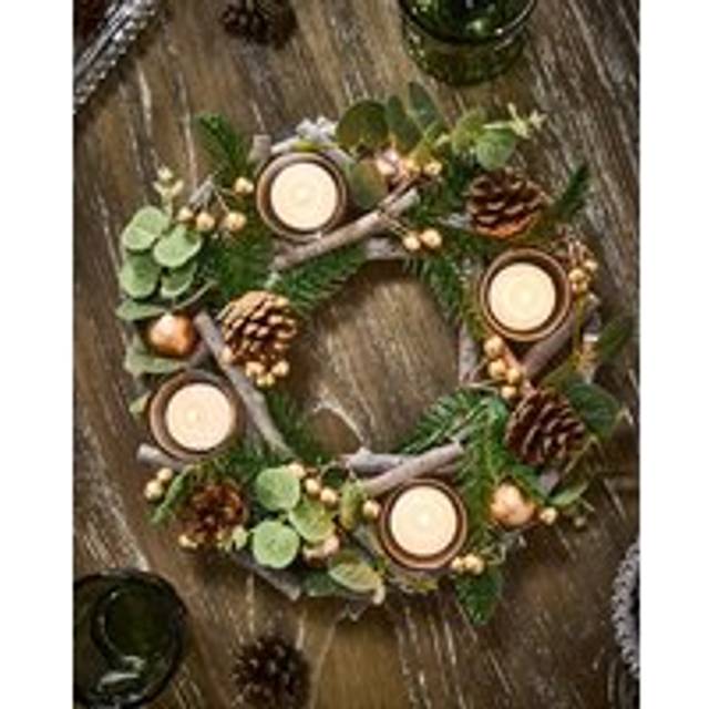 Eucalyptus and Cinnamon Round Centrepiece Christmas Decoration Tealight Holder Candle Holders 30cm - Green - One Size