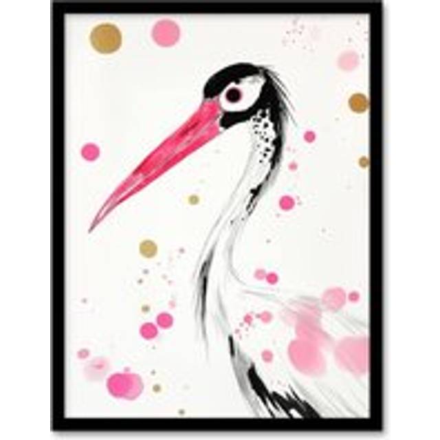 Oriental Stork Pink Gold Black Bird Painting Framed Art Print - W12 inch x H16 inch