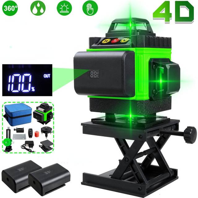 (1PC Battery) 16 Lines 4D Laser Level, Green Laser Line, Self Leveling, Horizontal Lines &360 Degree Vertical Cross with 2xBattery for Outdoor