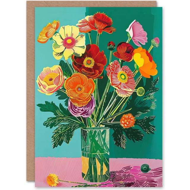 Artery8 Anemone Flower Bouquet Vibrant Stylised Painting Greeting Card - Multicolor