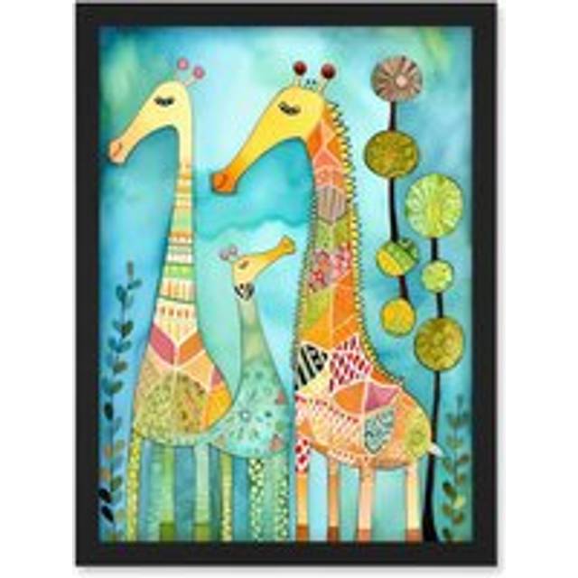 Folk Art Giraffes Fun Cute Kids Bedroom Painting Artwork Framed Wall Art Print A4 - Black - One Size