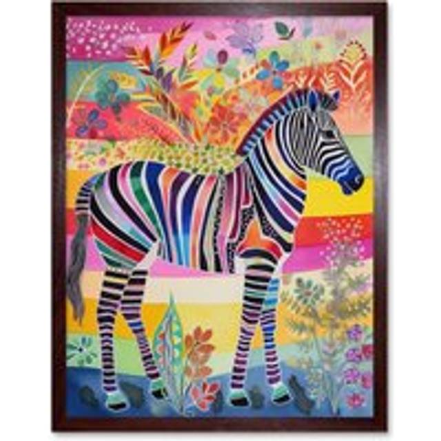 Wall Art Print Zebra Rainbow Floral Abstract Folk Art Framed - Brown - W12 inch x H16 inch
