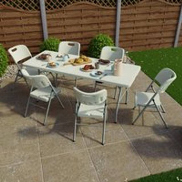 Home Vida Garden 6ft Folding Table & Set of 6 Folding Chairs Garden Outdoor Dining Furniture - White - One Size