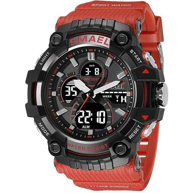 (red) Smael Brand Sport Watch Men Quartz Wristwatches Waterproof Dual Time Display Military Army Green Male Clock 8079 Mens Watches - Red