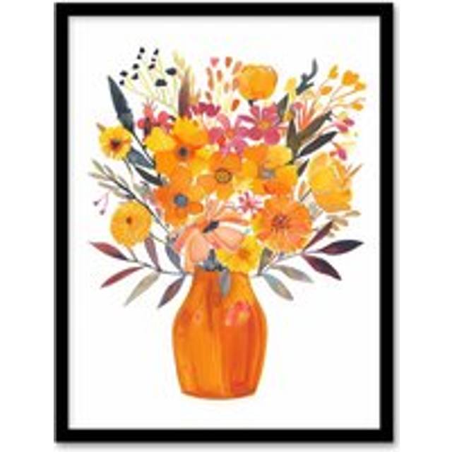Bright Autumnal Orange Pink Flower Bouquet Vase Framed Art Print - Yellow - A4