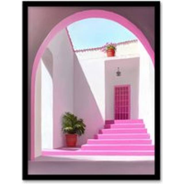 Italian Courtyard Plants Pink Steps Minimalist Framed Art Print - W12 inch x H16 inch