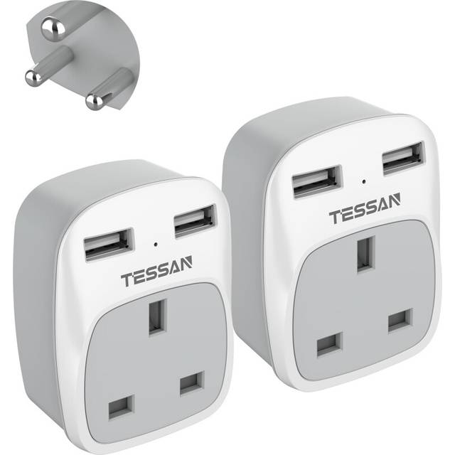 UK to India Plug Adapter 2 Pack, TESSAN Grounded UK to India Travel Adapter with 2 USB Ports, Plug Socket Adaptor UK to Sri Lanka, Pakistan, Burma,