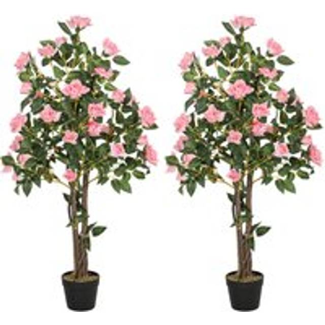 HOMCOM Set of 2 Decorative Artificial Plants Rose Trees in Pot, Pink