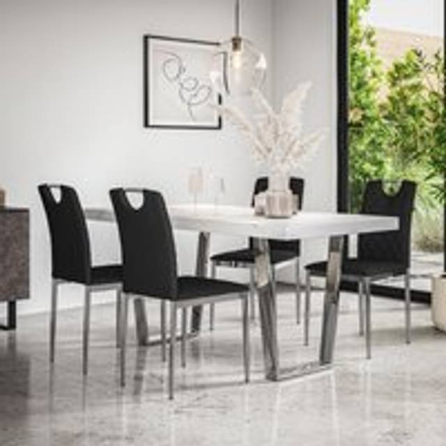 (Black) Aria Dining Table Set Marble Effect w Chrome Legs w 4-6 Monza Faux Leather Chair